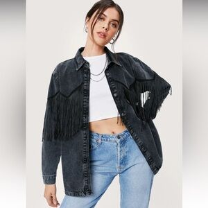 Nasty Gal Fringe Denim Shacket Oversized Denim Jacket